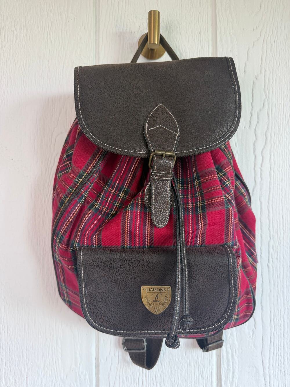 Vintage Liaisons Red Tartan Plaid Backpack Brown Faux Leather Preppy 90s